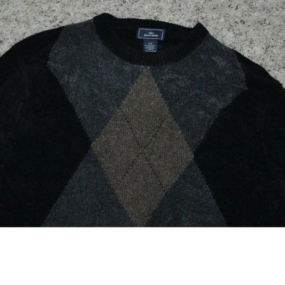 Mens Chenille Sweater Dockers Black Small Houndstooth Acrylic Crew Long Sleeves - Picture 2 of 3